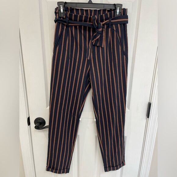 Zara Trafaluc Collection Paper Bag Waist Navy Striped Ankle Pant Women’s Size XS - Picture 1 of 5